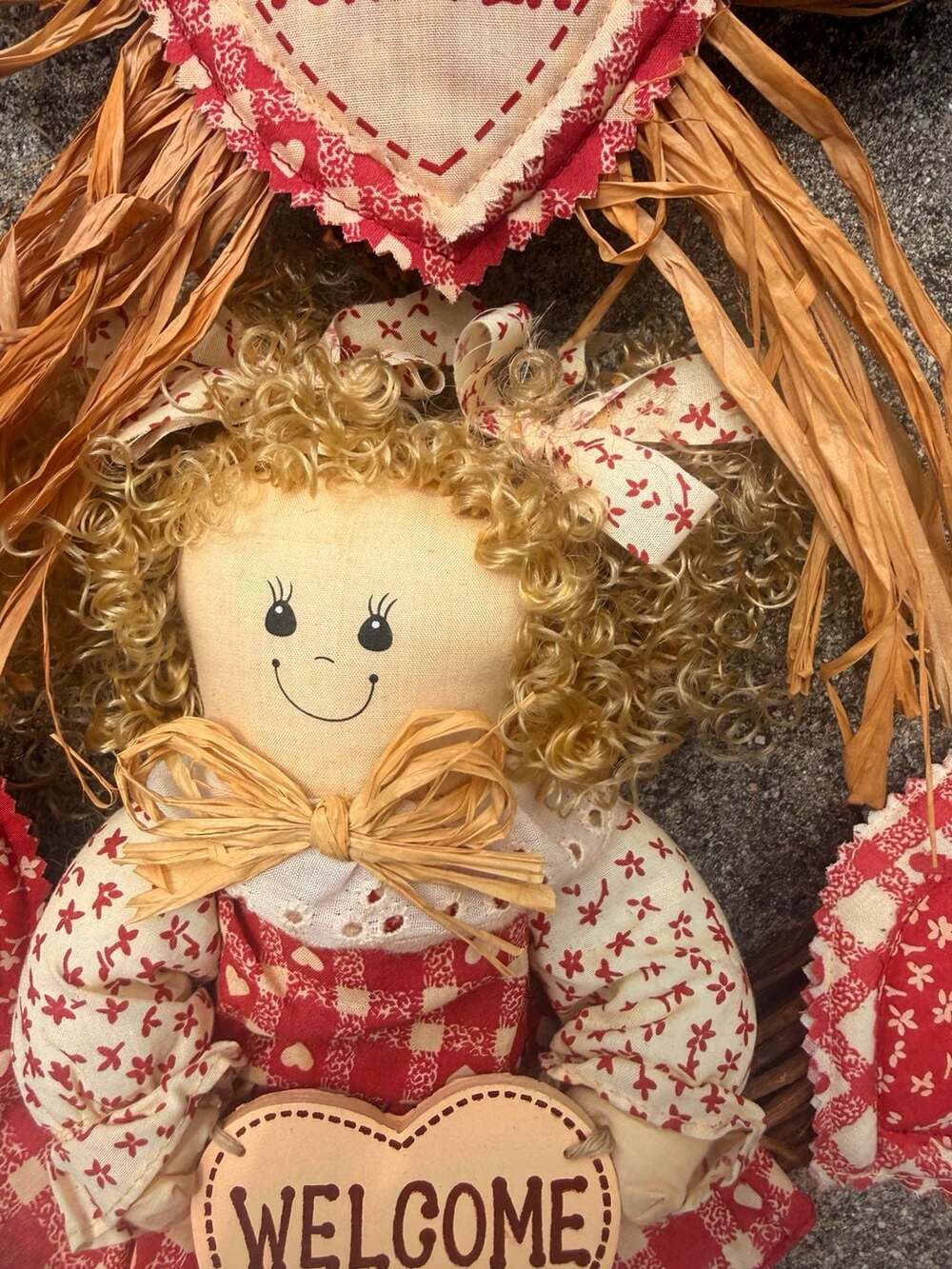 Handmade Primitive Country Folk Art Doll Wreath with Welcome Sign